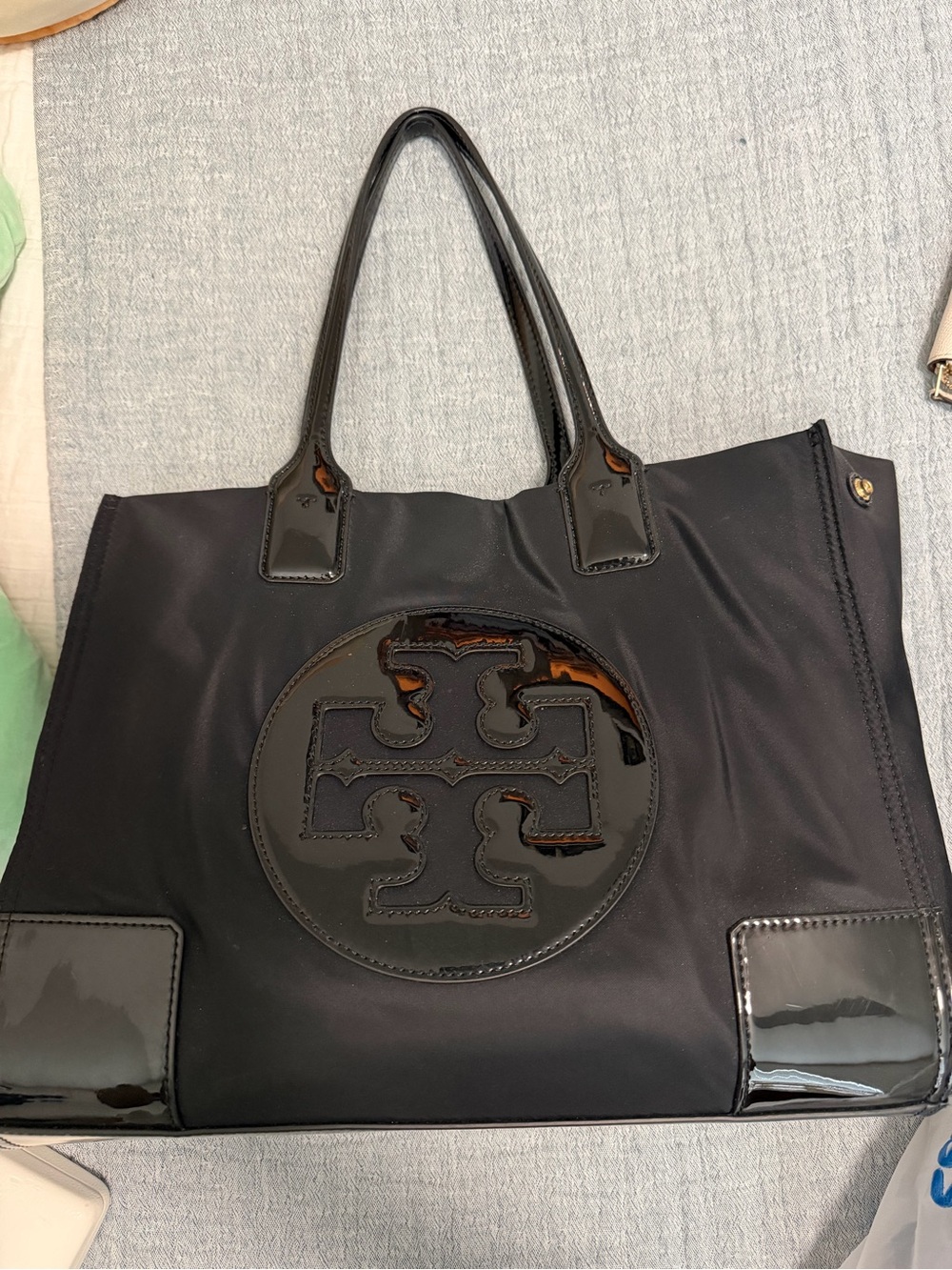 Tory Burch Black Nylon Tote with Patent Trim